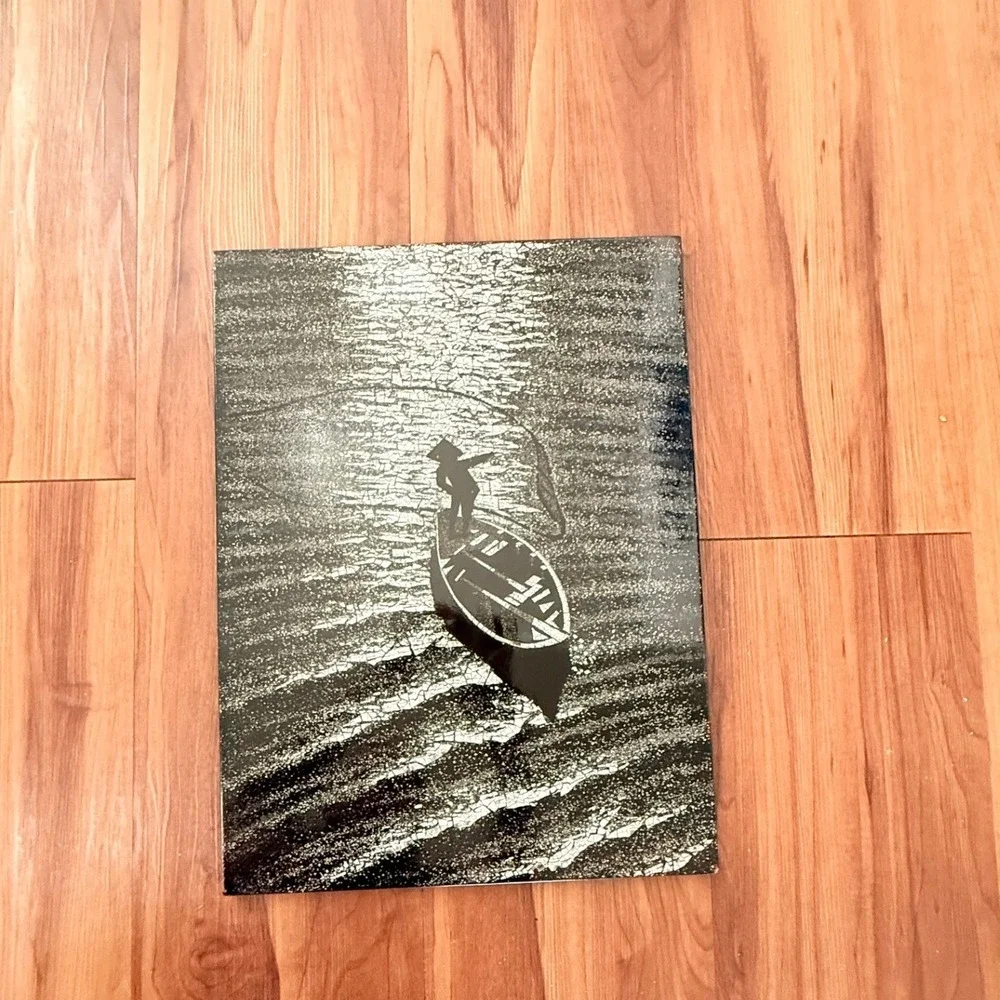 Vintage Vietnamese Lacquer Wall Art Black White Fisherman Boat‎ Crackle